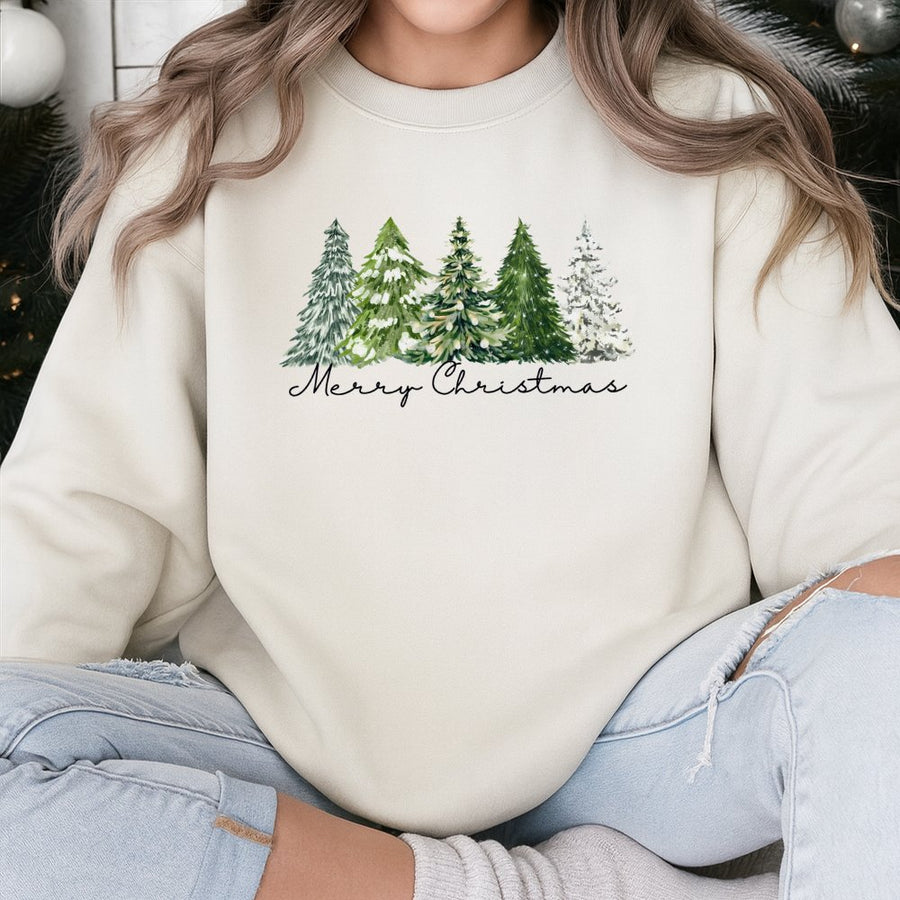 Merry Christmas Sweatshirt | Watercolor Pine Tree Graphic | Premium Cotton Blend Crewneck | Festive Holiday Gift for Women & Men