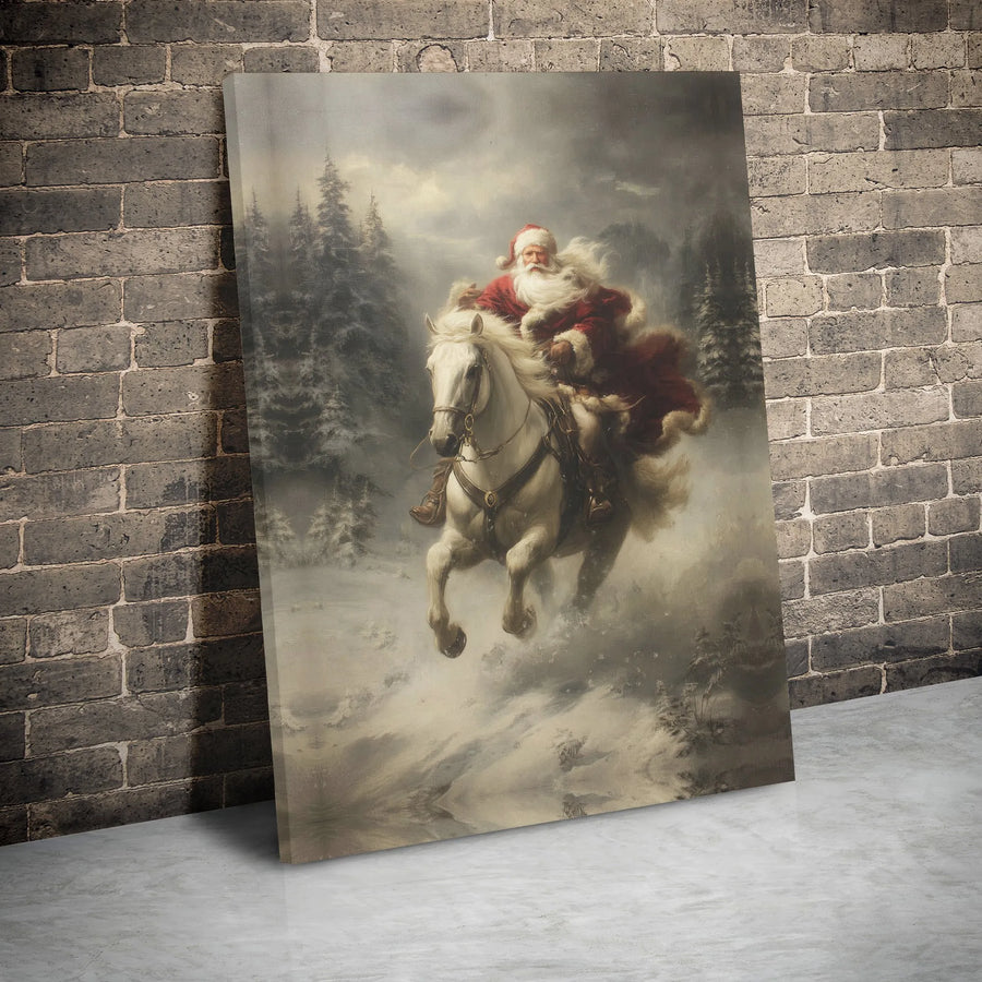 Santa Claus Canvas Wall Art | Majestic White Horse in Snowy Winter Forest | Premium Gallery Wrapped Print | Holiday Home Decor Gift