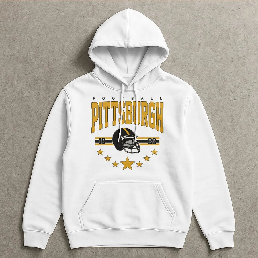 Pittsburgh Football Hoodie | Vintage Retro Helmet Graphic | Premium Cotton Blend Sweatshirt | Gift For Pennsylvania Sports Fans