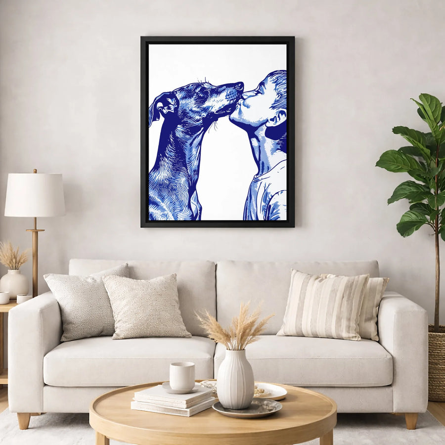 Greyhound Dog Canvas Wall Art | Blue and White Illustration of Child and Pet | Premium Gallery-Wrapped Portrait | Heartwarming Gift for Dog Lovers
