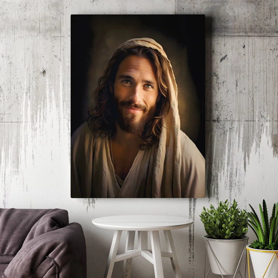 Jesus Christ Portrait Canvas | Smiling Savior Religious Wall Art | 1.25 Inch Gallery Wrap | Christian Home Decor Gift