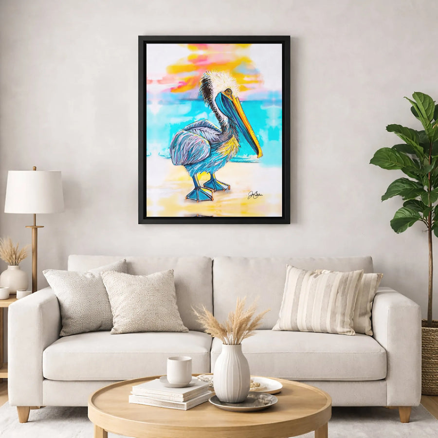 Colorful Pelican Canvas Wall Art | Coastal Sunset Bird Painting | 1.25 Inch Premium Gallery Wrap | Beach House Decor Gift For Bird Lovers