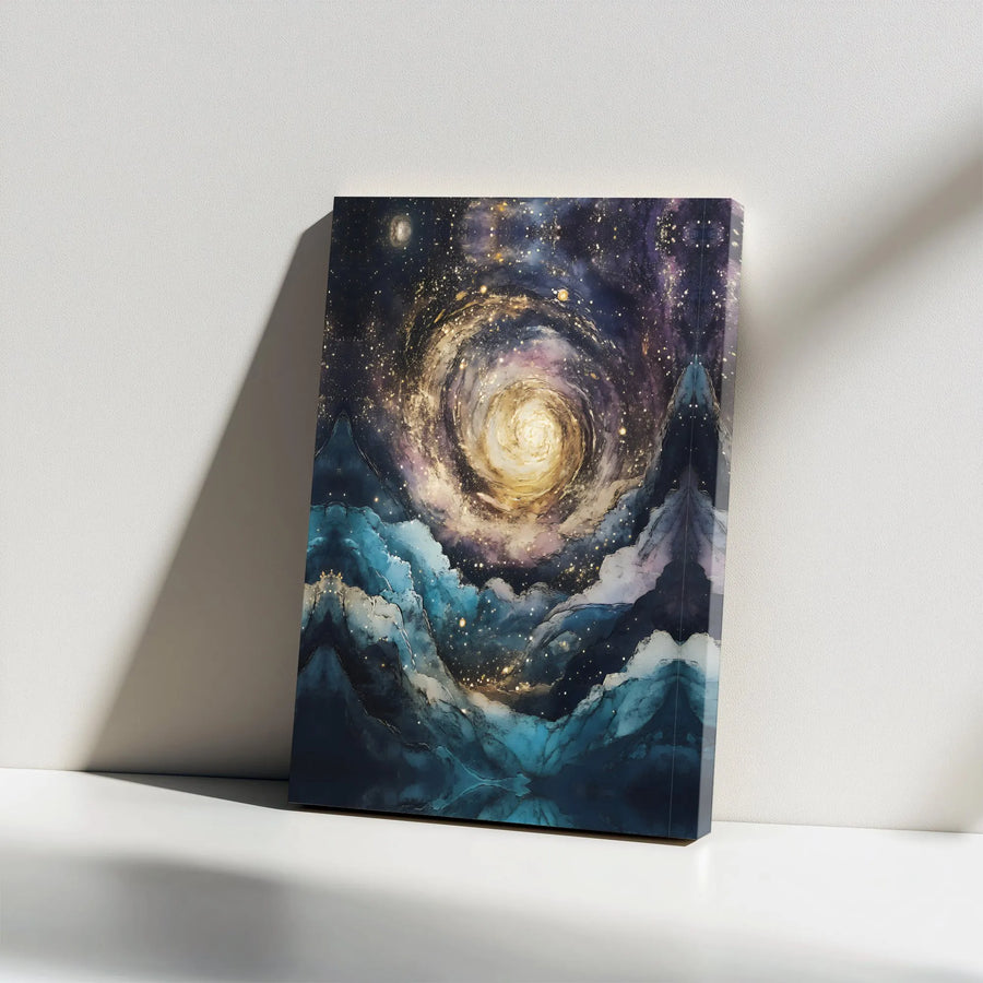 Galaxy Wall Art Canvas | Swirling Cosmic Nebula Over Blue Mountains | 1.25 Inch Premium Gallery Wrap | Modern Space Decor Gift For Home Office