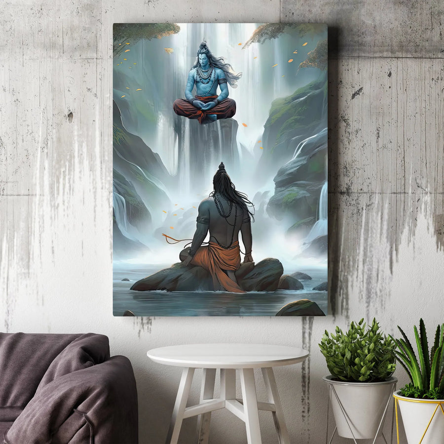 Lord Shiva Canvas Wall Art | Meditating Adiyogi at Waterfall | Premium Gallery Wrapped Canvas | Spiritual Hindu Home Decor Gift for Yoga Studio