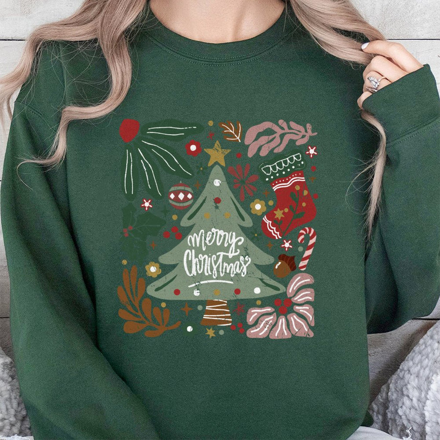 Merry Christmas Floral Sweatshirt | Retro Botanical Holiday Tree Graphic | Premium Cotton Blend | Cozy Festive Gift for Women and Men