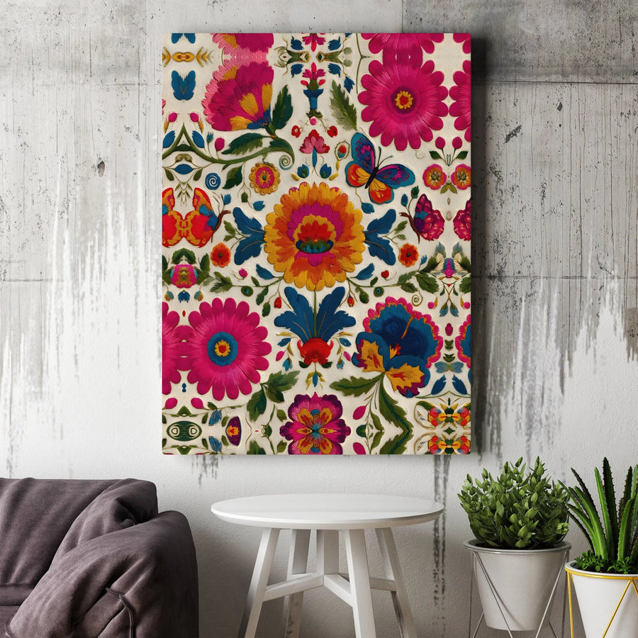 Mexican Otomi Wall Art | Folkloric Floral Embroidery Design | Premium 1.25" Gallery Wrapped Canvas | Vibrant Home Decor Gift for Boho Lovers