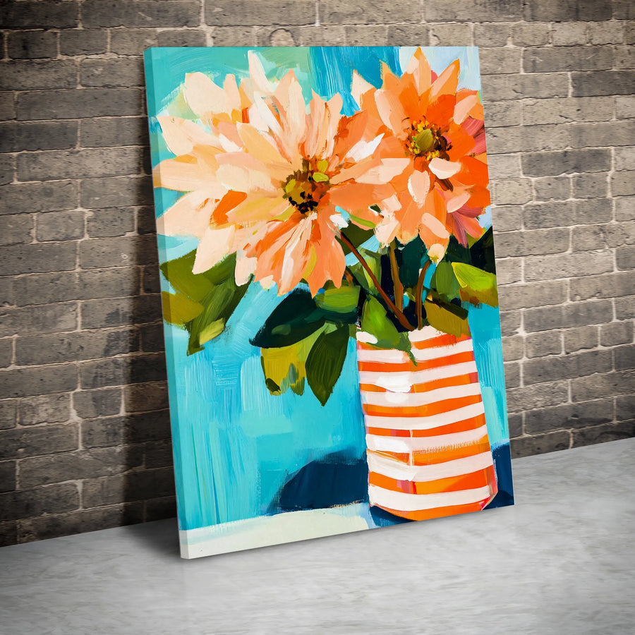 Orange Flower Wall Art | Abstract Floral Painting in Striped Vase | Premium 1.25-Inch Gallery Canvas | Modern Living Room Decor Gift