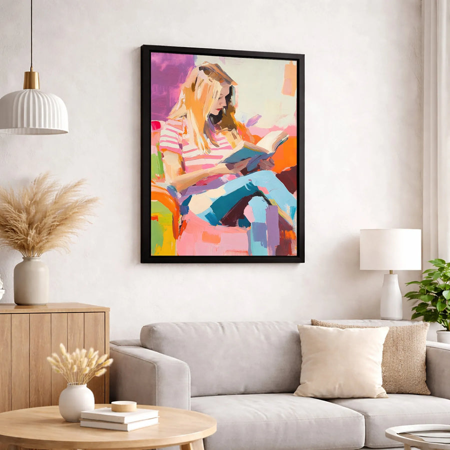 Woman Reading Book Canvas Wall Art | Impressionistic Colorful Portrait | 1.25-Inch Gallery Wrap | Modern Home Decor Gift for Readers