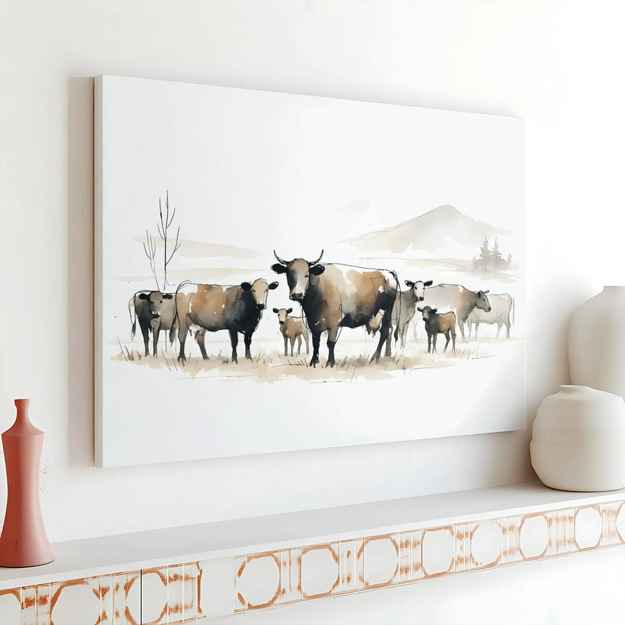 Farmhouse Cow Canvas Wall Art | Watercolor Herd Painting | 1.25 Inch Gallery Wrap Print | Rustic Country Living Room Home Decor