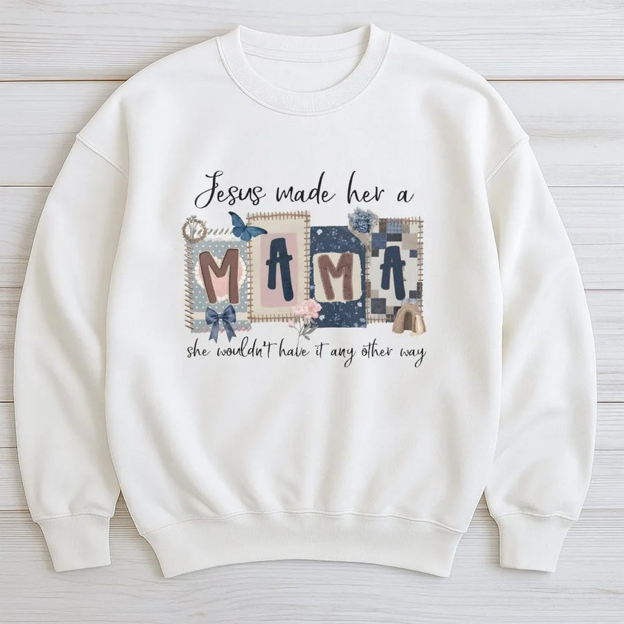 Christian Mom Sweatshirt | Jesus Made Her A Mama Quilt Graphic Tee | Soft Cotton Apparel | Faith Based Gift for Her, Mother's Day Present