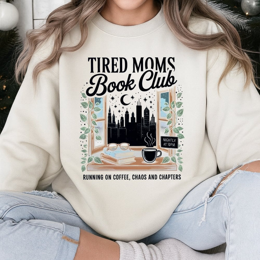 Tired Moms Book Club Sweatshirt | Coffee Chaos And Chapters Graphic | Premium Cotton Blend | Gift For Book Lovers And Readers
