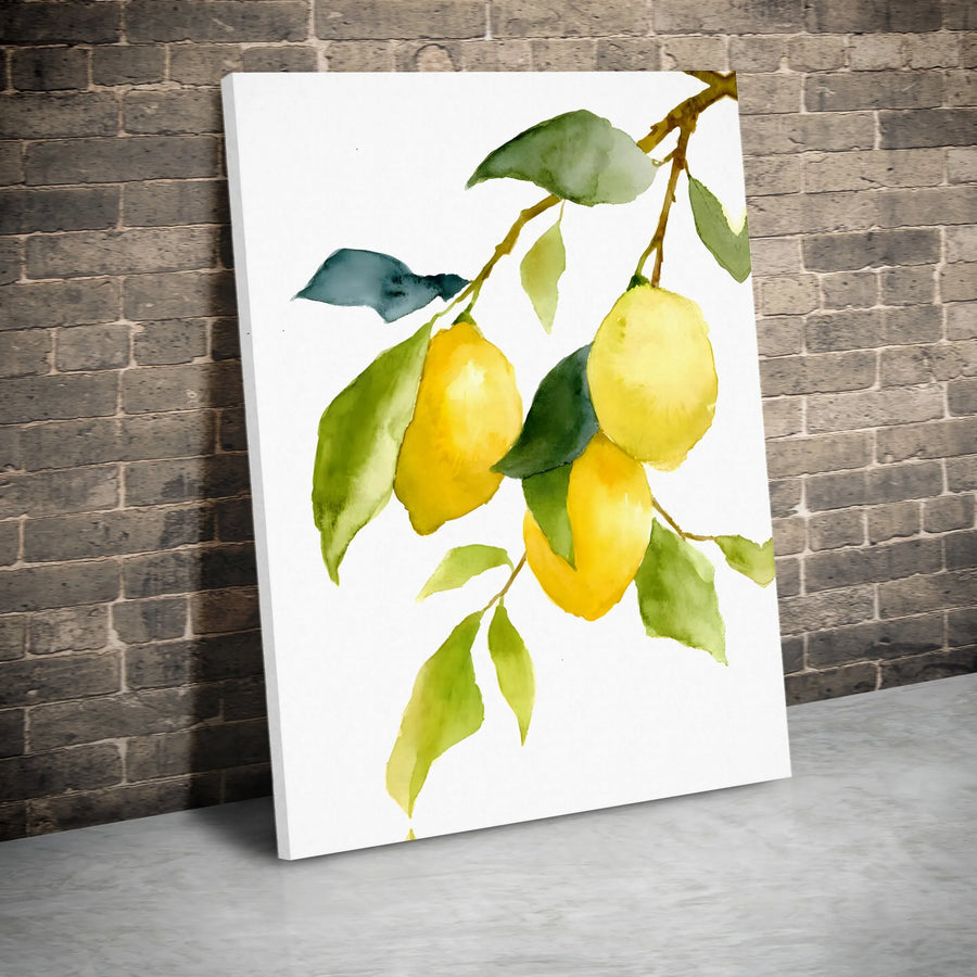 Watercolor Lemon Branch Vertical Canvas | Mediterranean Citrus Fruit Painting | 1.25in Premium Gallery Wrap | Modern Farmhouse Kitchen Wall Decor