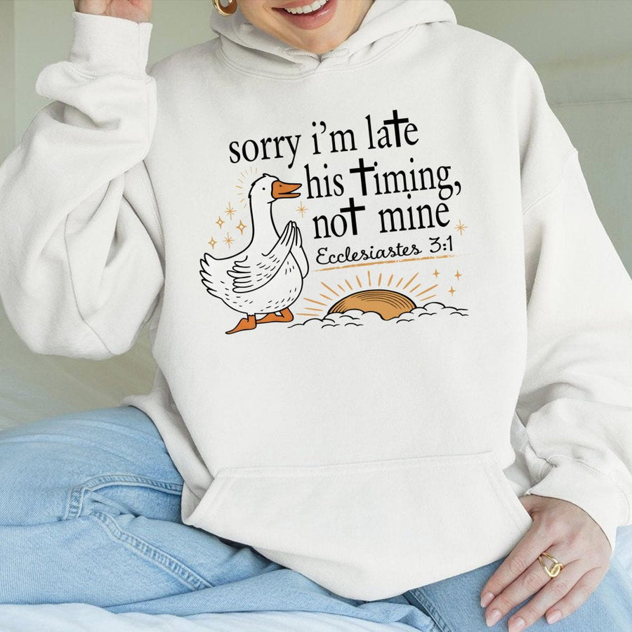 His Timing Not Mine Hoodie | Christian Goose Graphic Sweatshirt | Premium Cotton Blend | Funny Religious Gift For Women And Men