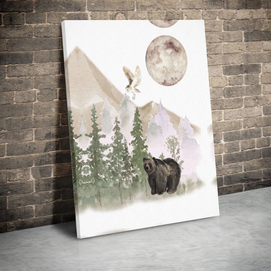 Woodland Bear and Owl Canvas Wall Art | Watercolor Forest Mountain Scene | Premium Gallery Wrapped Canvas | Rustic Nursery Decor Gift