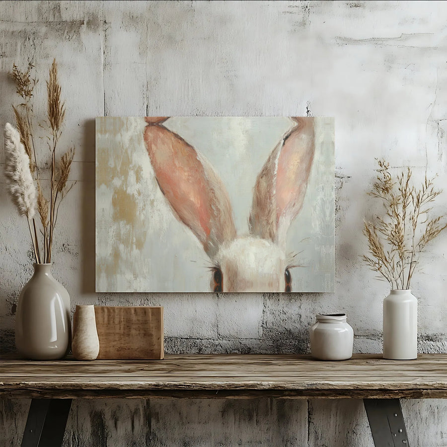 Peeking Rabbit Wall Art | Abstract Neutral Bunny Oil Painting | Premium Gallery-Wrapped Canvas | Rustic Farmhouse Decor Gift