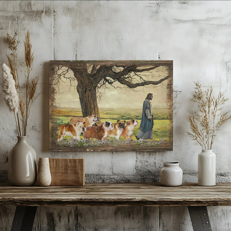 Jesus and Bulldog Canvas Wall Art | Rustic Wood Plank Style Print | Premium Fade-Resistant Canvas | Inspirational Gift for Christian Dog Lover