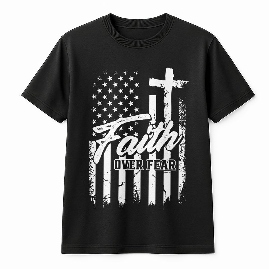 Faith Over Fear T-Shirt | Distressed American Flag Cross Graphic | Premium Cotton Unisex Tee | Patriotic Christian Gift for Men and Women