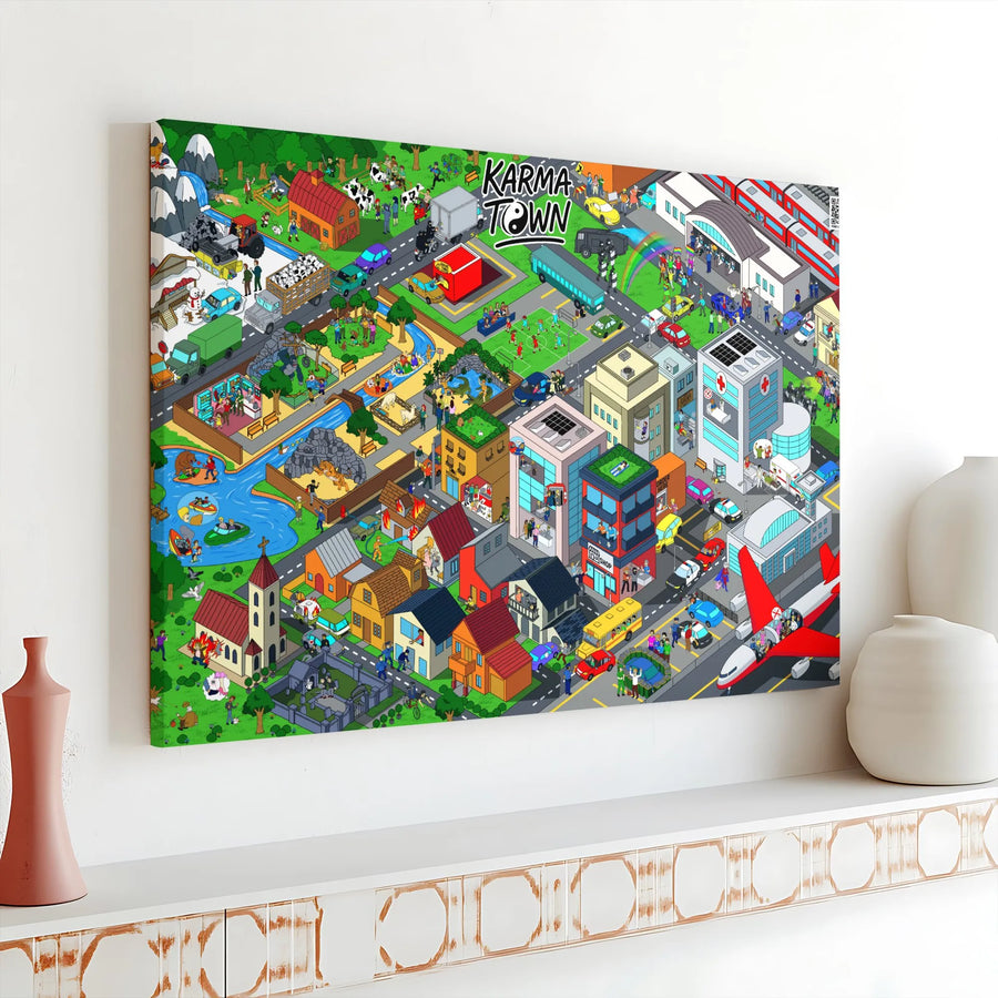 Karma Town Isometric Cityscape Canvas | Detailed Pixel Art Urban Print | Premium Gallery Wrap Decor | Unique Office & Home Wall Art Gift