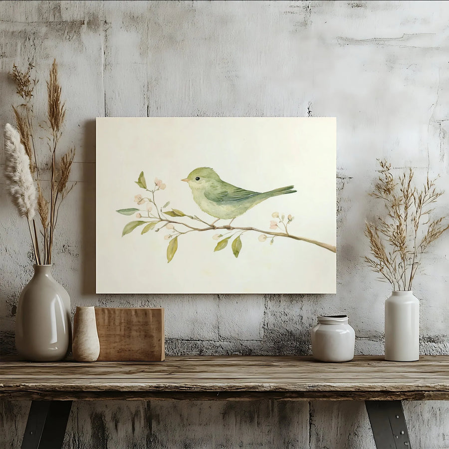 Watercolor Green Bird Canvas Art | Minimalist Flowering Branch Print | Premium Gallery-Wrapped Wall Decor | Nature-Inspired Gift for Bird Lovers