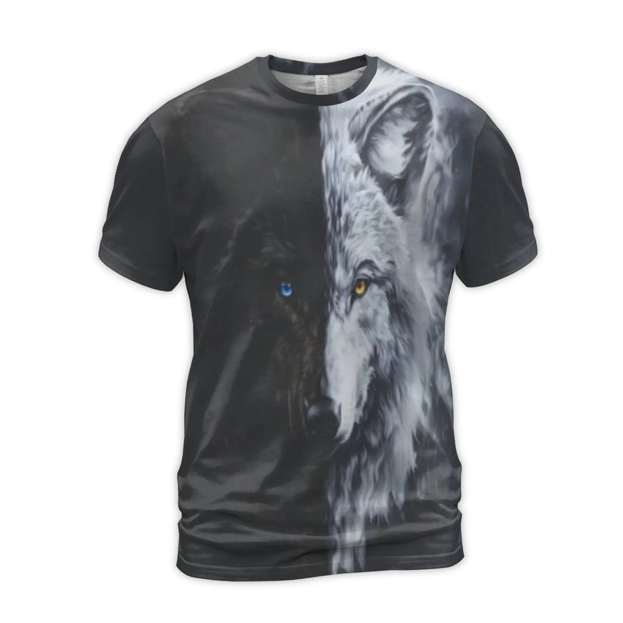 Wolf Face 3D T-Shirt | Yin Yang Split Design With Heterochromia Eyes | Premium Soft Stretch Jersey | Gift For Wolf Lovers And Wildlife Enthusiasts