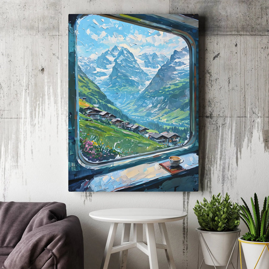 Swiss Alps Mountain View Canvas | Train Window Impressionist Landscape Art | Premium Fade-Resistant Gallery Wrap | Travel Inspired Home Decor Gift