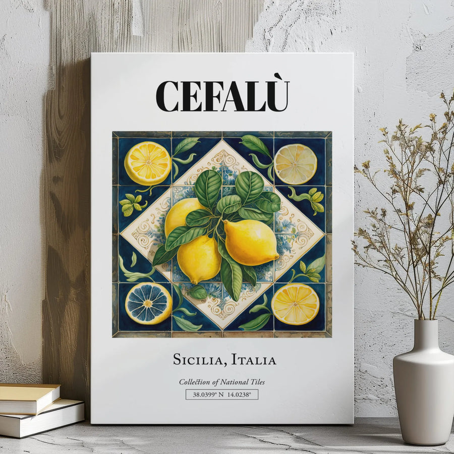 Cefalu Sicily Lemon Wall Art | Mediterranean Tile Print | Premium Gallery Wrapped Canvas | Italian Kitchen Decor Gift