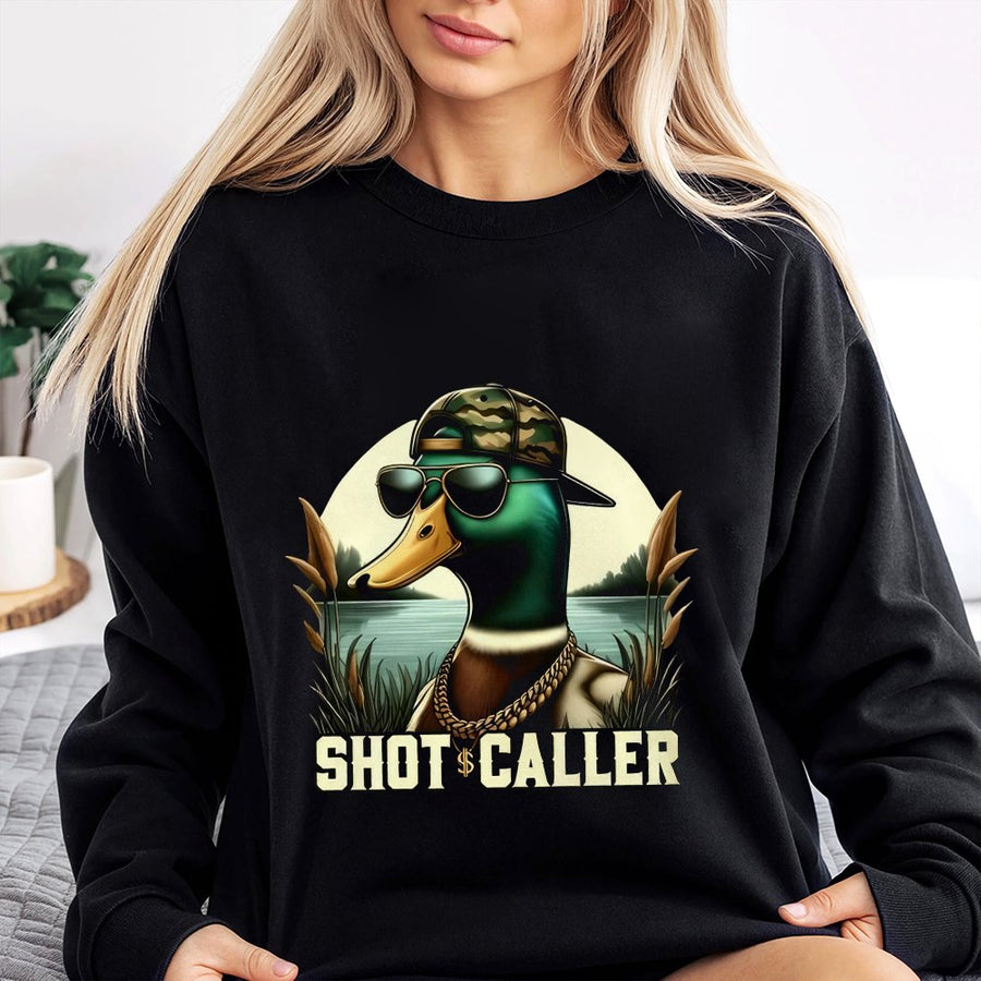 Shot Caller Duck Sweatshirt | Funny Mallard Hunting Graphic Tee | Premium Cotton Blend Unisex Pullover | Unique Gift for Hunters & Outdoorsmen