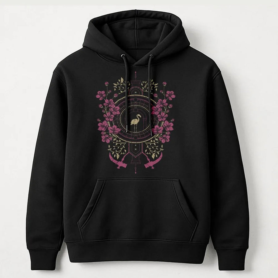 Flamingo Crest Hoodie | Vintage Floral Emblem with Swords | Soft Cotton Blend Pullover | Unique Gift for Her, Cottagecore Aesthetic