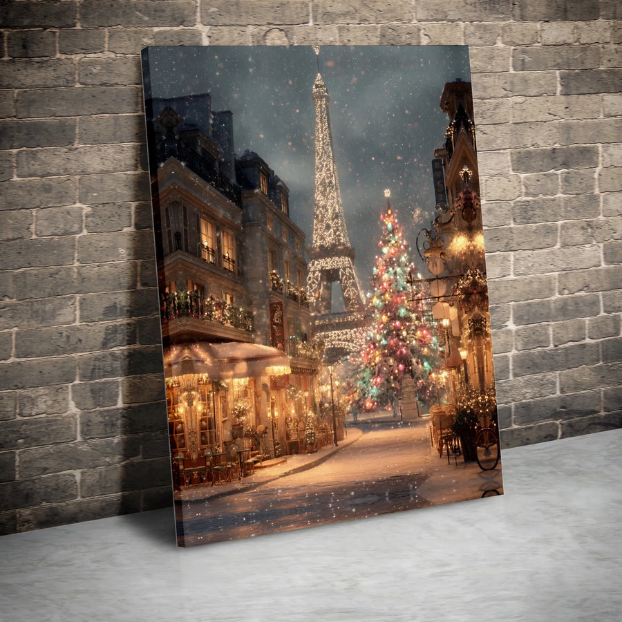 Paris Christmas Canvas Wall Art | Eiffel Tower Winter Snow Scene | Premium Gallery Wrap Print | Festive Holiday Home Decor Gift