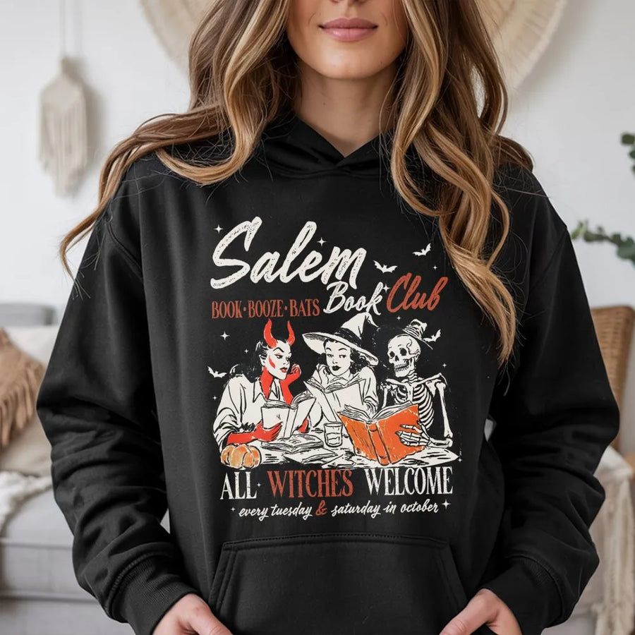 Salem Book Club Hoodie | Spooky Witch Reading Graphic | Premium Cotton Blend Sweatshirt | Halloween Gift for Book Lovers