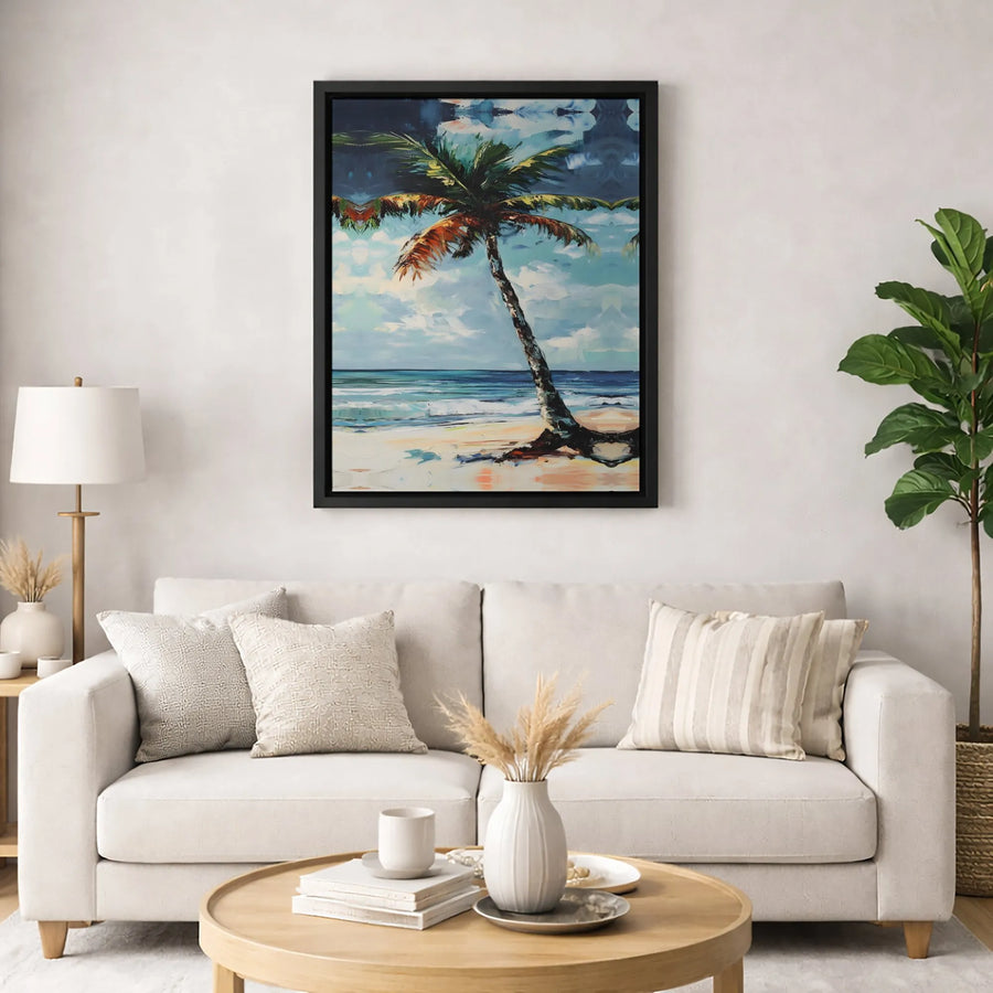 Tropical Beach Palm Tree Canvas Wall Art | Impressionist Ocean Coastal Painting | Premium Gallery Wrap Print | Modern Home Decor Gift