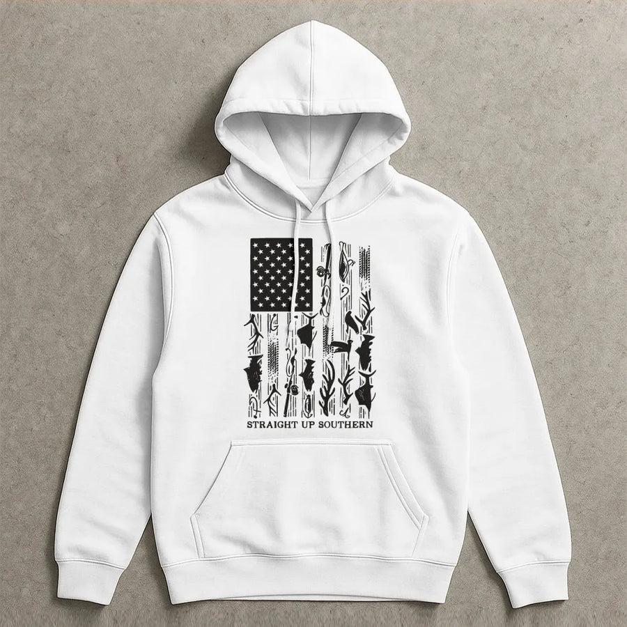 Hunting Fishing Flag Hoodie | Southern Outdoorsman American Flag Design | Premium Cotton Blend | Gift for Hunter