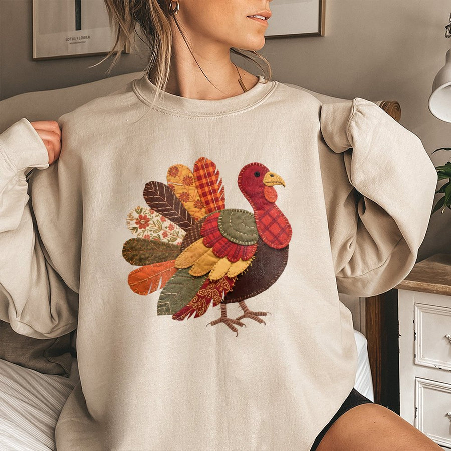 Patchwork Turkey Sweatshirt | Fall Farmhouse Thanksgiving Sweater | Premium Cotton Blend Crewneck | Cute Holiday Gift For Women