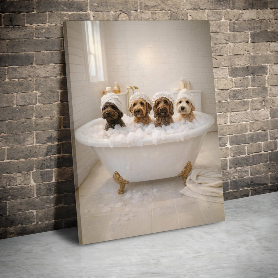 Funny Dog Wall Art Canvas | Cute Puppies in Bathtub Spa Day Print | Premium Gallery Wrap Canvas | Humorous Bathroom Decor Gift for Dog Lovers