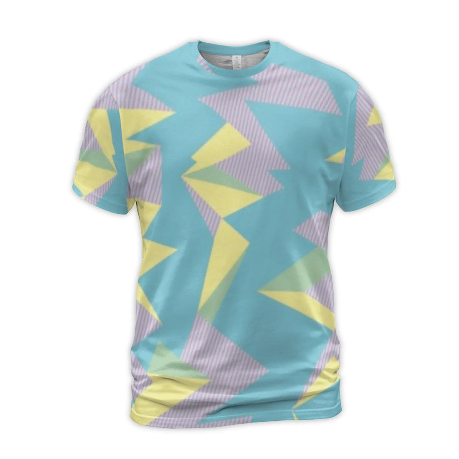 Retro 80s Geometric T-Shirt | Pastel Abstract 3D Graphic Print | Premium Jersey Polyester Spandex | Unique Gift for Men and Women