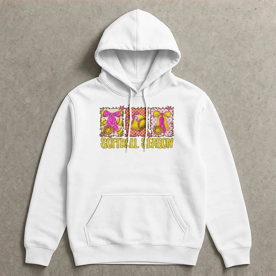 Softball Season Hoodie | Coquette Aesthetic Pink Bow Graphic | Premium Cotton Blend | Gift For Softball Mom & Player