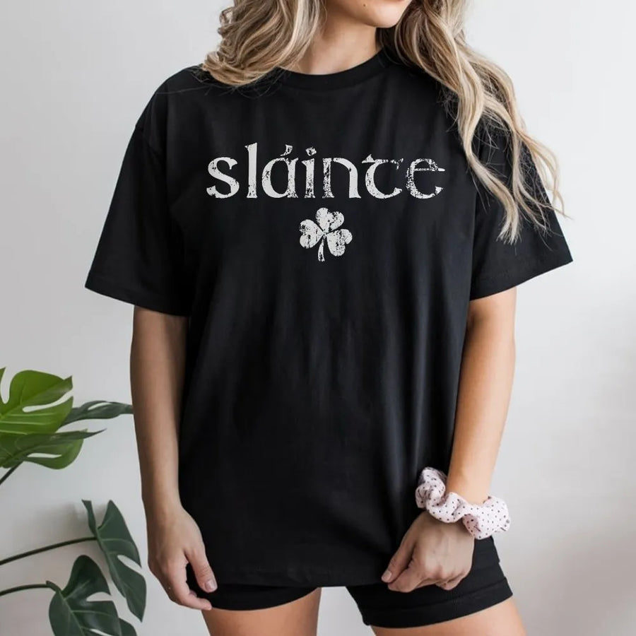 Sláinte Irish T-Shirt | Distressed Shamrock Gaelic Cheers Graphic | 100% Cotton Premium Tee | St. Patrick's Day Gift for Men and Women