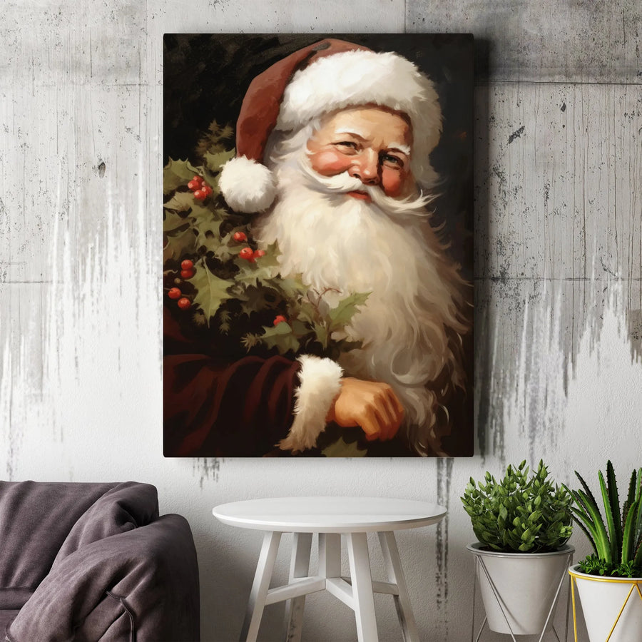 Vintage Santa Claus Wall Art | Classic Holly Christmas Portrait | Premium Fade-Resistant Canvas | Holiday Home Decor Gift