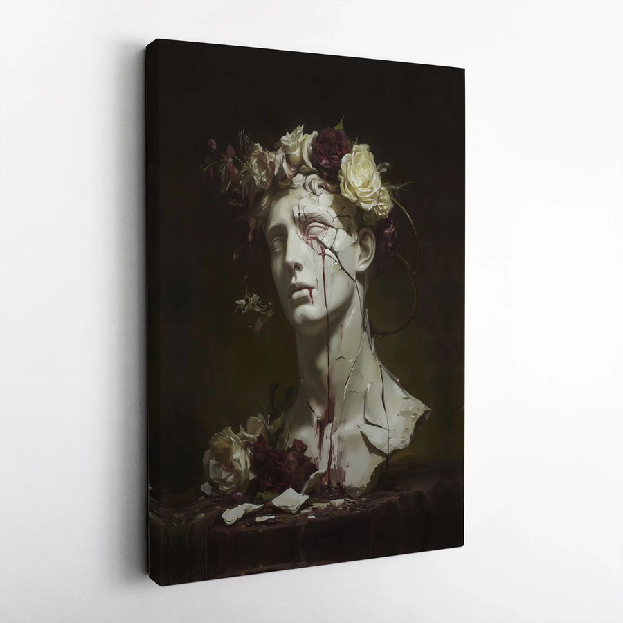 Dark Academia Statue Canvas Art | Bleeding Greek Bust with Rose Crown | Premium Fade-Resistant Print | Gothic Home Decor Wall Statement