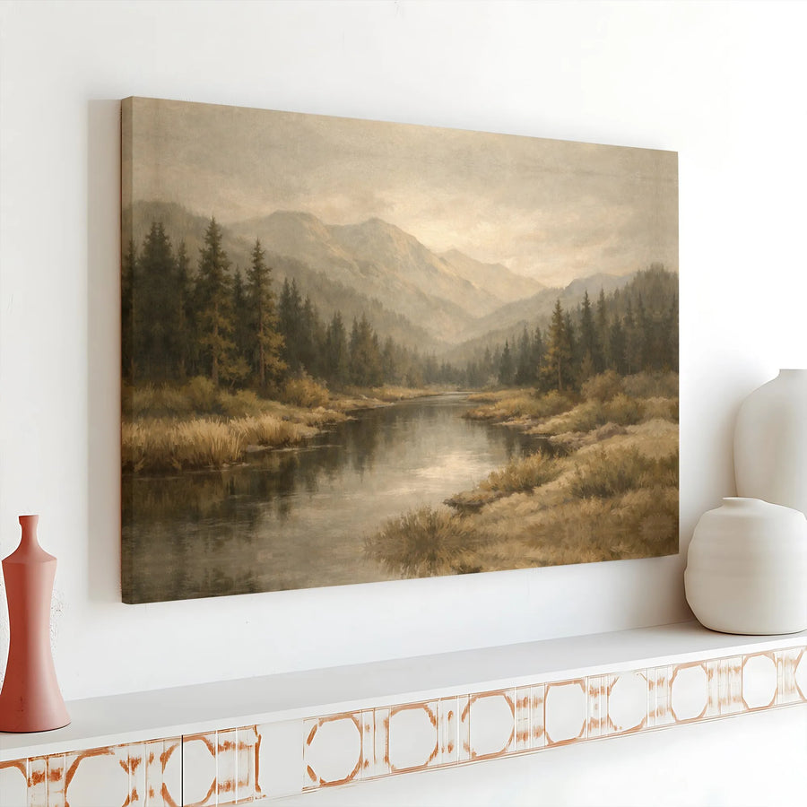 Vintage Mountain Landscape Canvas Art | Muted Earth Tone River Painting | Premium Gallery Wrapped Canvas | Rustic Farmhouse Decor Gift