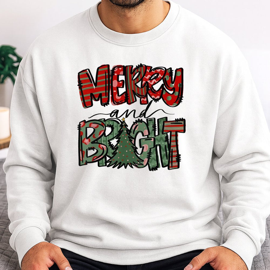 Merry And Bright Sweatshirt | Festive Plaid Christmas Tree Graphic | Cotton Blend Premium Crewneck | Unisex Holiday Gift For Family