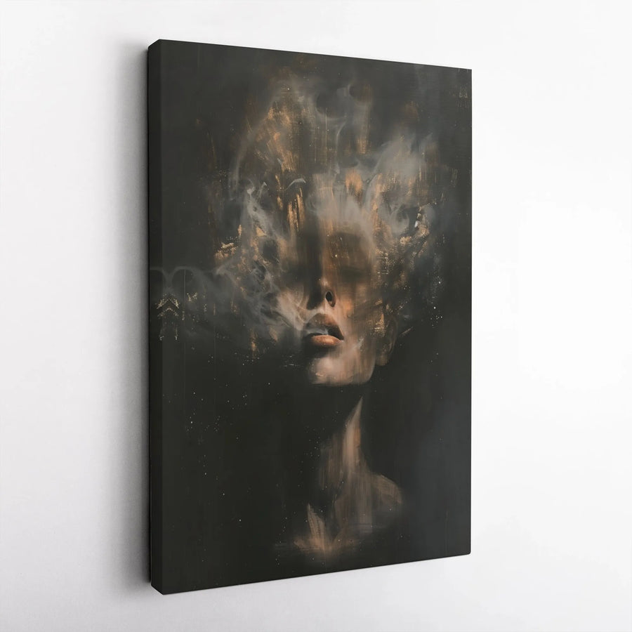Abstract Woman Portrait Canvas | Dark Moody Smoke Wall Art | Premium 1.25" Gallery Wrap | Modern Home Office Decor