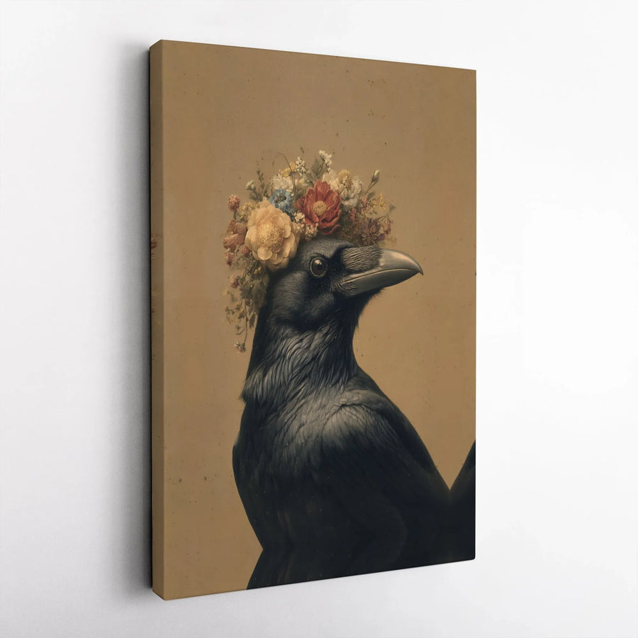 Raven Wall Art Canvas | Vintage Crow Portrait with Floral Crown | Premium Gallery Wrap Print | Dark Academia Home Decor