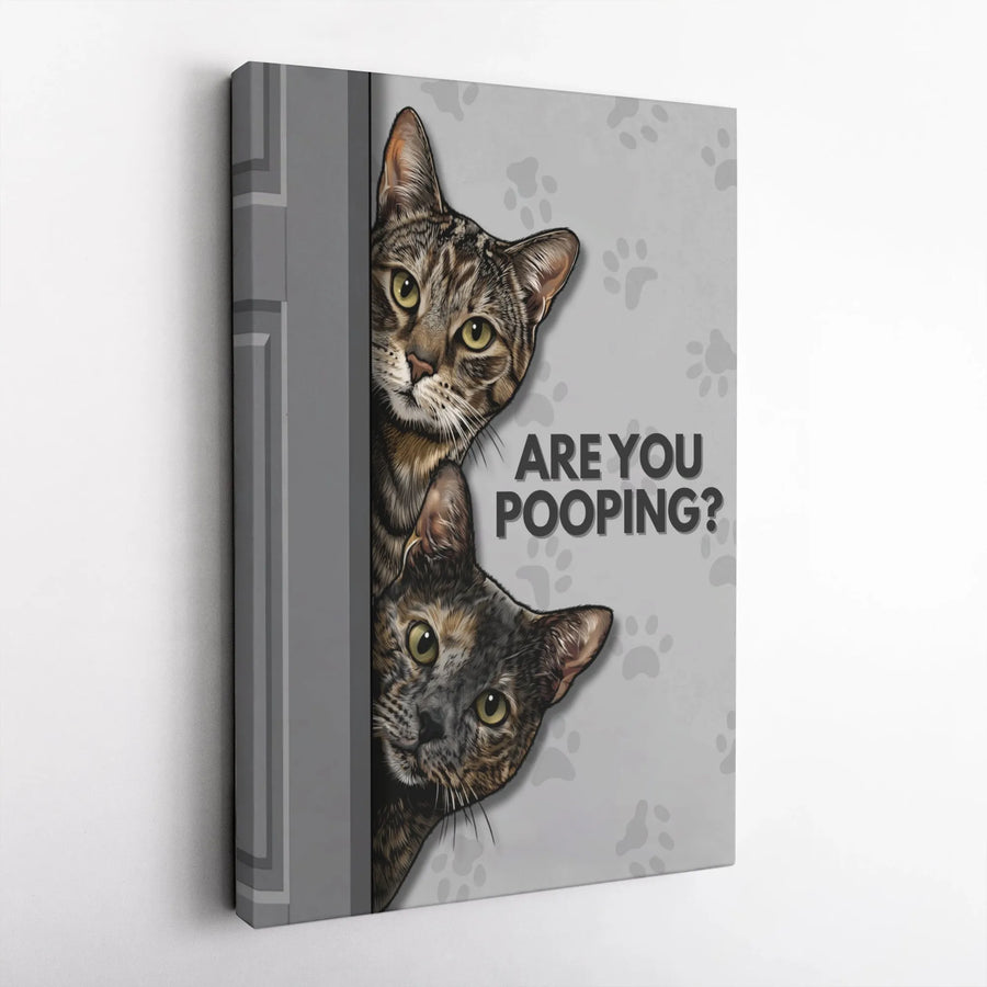 Funny Cat Bathroom Wall Art | 'Are You Pooping?' Peeking Cats Sign | Premium Gallery Wrap Canvas | Humorous Restroom Decor Gift for Cat Lovers
