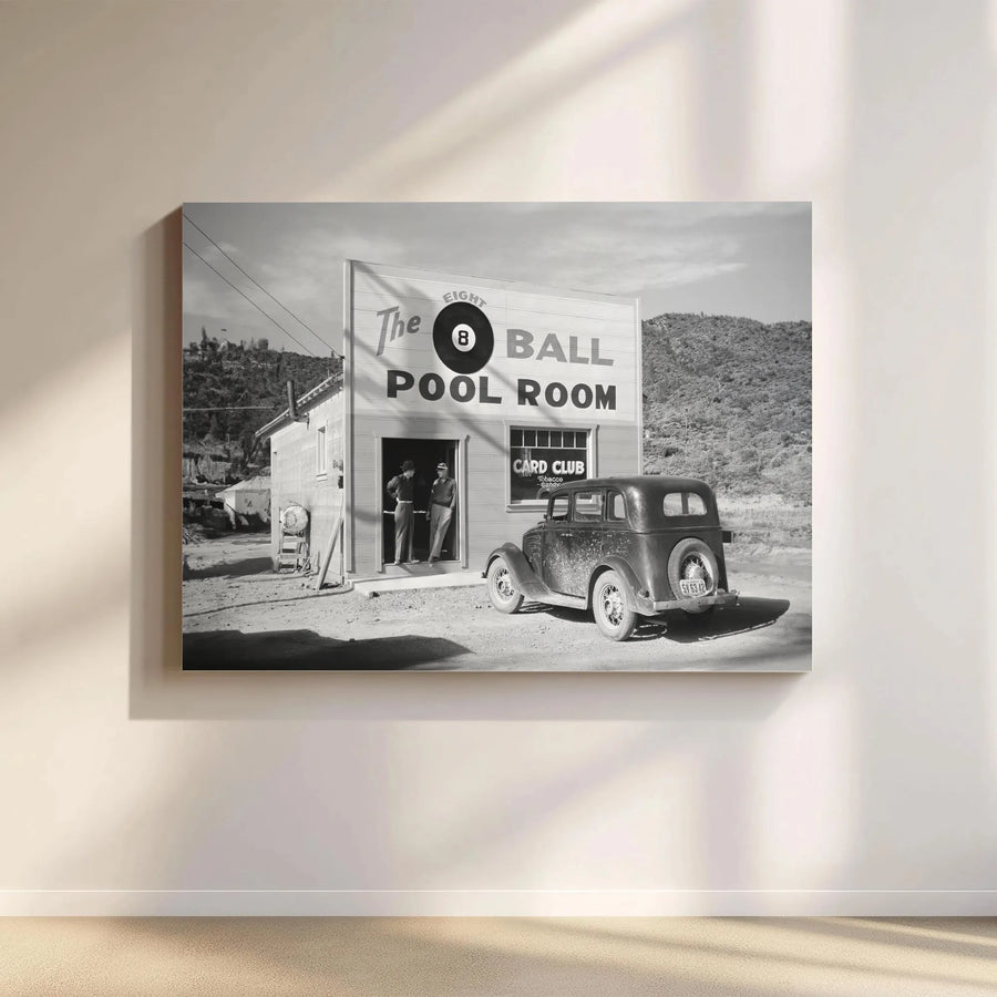 Vintage 8 Ball Pool Room Canvas Print | Black and White Classic Car Photo | Premium Gallery Wall Art | Man Cave Decor and Billiards Player Gift