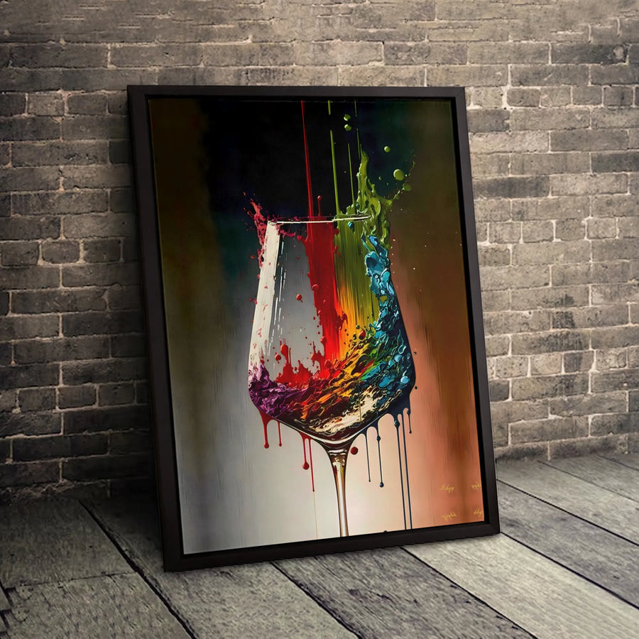 Colorful Wine Glass Canvas Print | Abstract Rainbow Paint Splatter Art | Premium 1.25" Gallery Wrapped Wall Decor | Modern Kitchen & Bar Gift