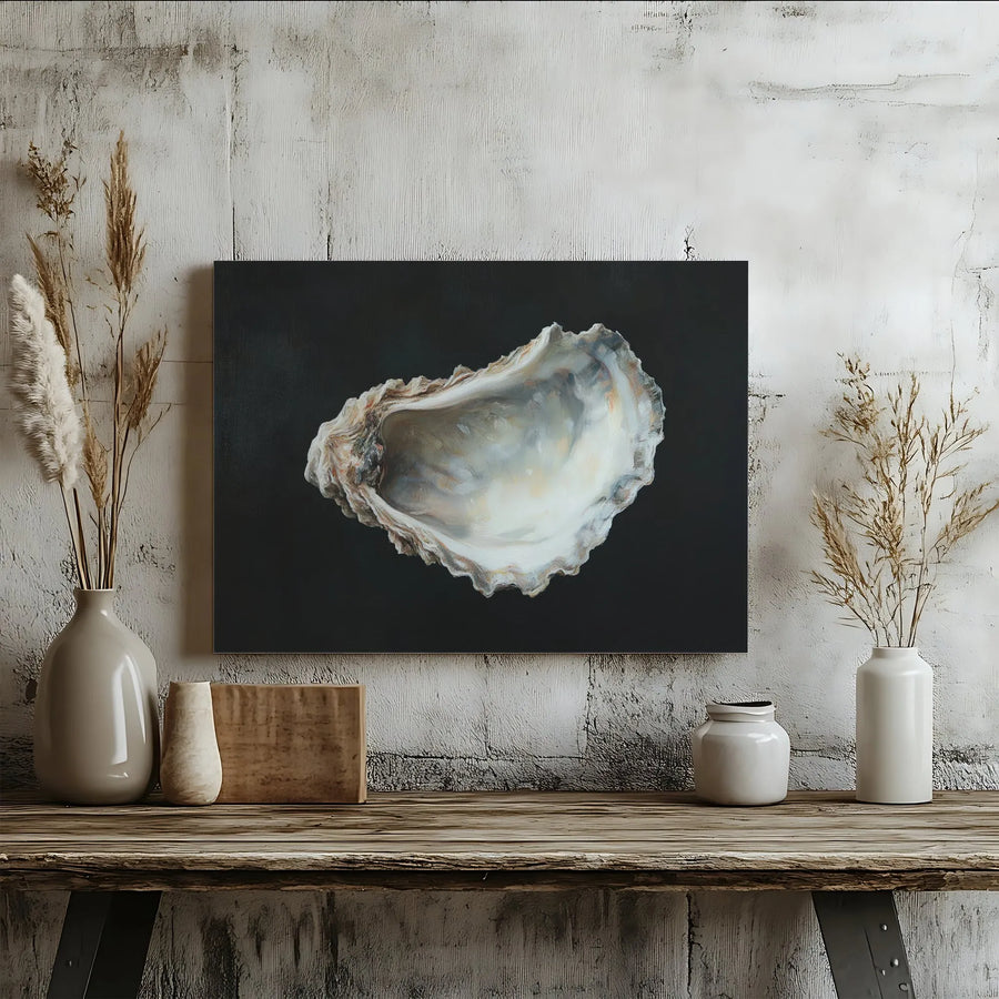Oyster Shell Canvas Wall Art | Realistic Coastal Decor on Black Background | Premium Gallery Wrap Print | Modern Beach House Decor for Home