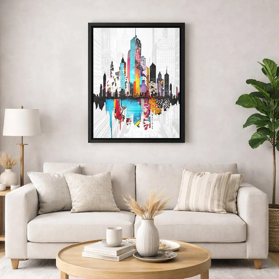 New York City Skyline Canvas | Abstract Colorful Collage Print | Premium 1.25 Inch Gallery Wrap | Modern Home Office Wall Decor