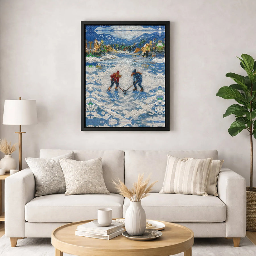 Ice Hockey Pond Canvas Print | Winter Sports Oil Painting Style | Gallery Wrapped 1.25" Profile | Christmas Gift for Hockey Fan