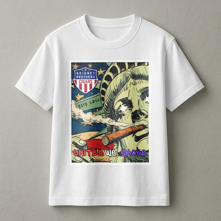 Lady Liberty Smoking Cigar T-Shirt | United We Smoke Graphic Art | Premium Cotton-Blend Pullover | Gift for Cigar Lover